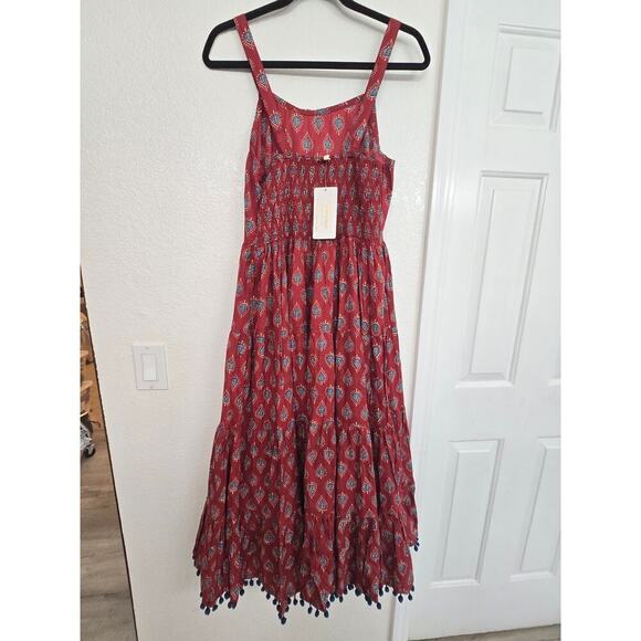 NWT Maroon Buti Printed Cotton Long Dress Pompom Lace Shoulder Straps  XL - Picture 5 of 8
